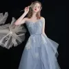 Modern / Fashion Sky Blue Lace Flower Prom Dresses 2021 A-Line / Princess Strapless Sleeveless Backless Bow Sash Floor-Length / Long Formal Dresses