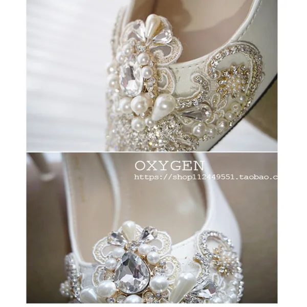 Fashion Ivory Handmade Wedding Shoes 2020 Pearl Rhinestone Lace Flower 10 cm Stiletto Heels Pointed Toe Wedding Pumps