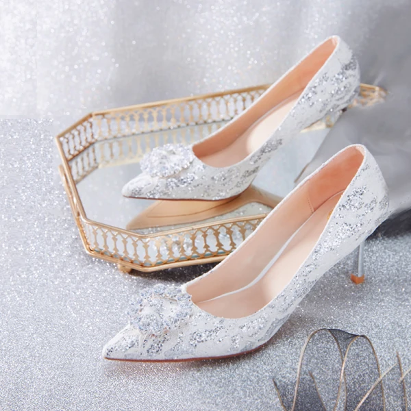 Charming Ivory Wedding Shoes 2020 Lace Rhinestone Sequins 7 cm Stiletto Heels Pointed Toe Wedding Pumps