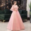 Elegant Candy Pink Prom Dresses 2021 V-Neck A-Line / Princess Beading Appliques Lace Flower Sequins 1/2 Sleeves Backless Floor-Length / Long Formal Dresses
