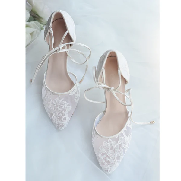 High-end Ivory Wedding Shoes 2020 Tulle Lace Flower Strappy 8 cm Stiletto Heels Pointed Toe Wedding High Heels