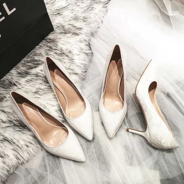 Chic / Beautiful Ivory Wedding Shoes 2020 Tulle Lace 7 cm Stiletto Heels Pointed Toe Wedding Pumps