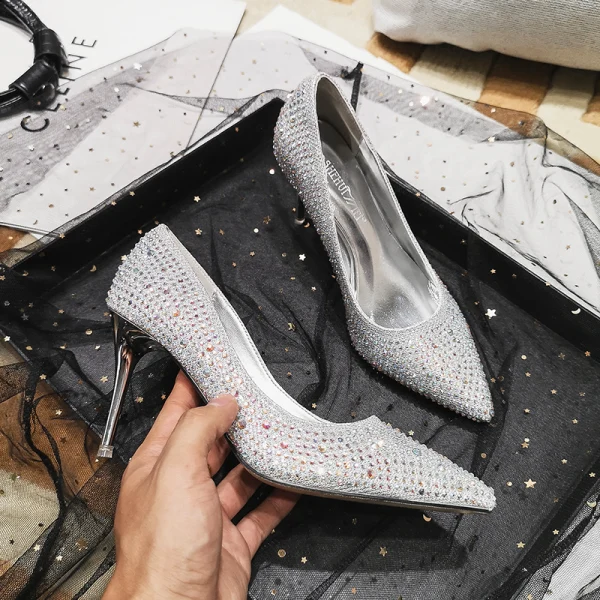 Uroczy Srebrny Kryształ Buty Ślubne 2020 Rhinestone 7 cm Szpilki Szpiczaste Ślub Czółenka