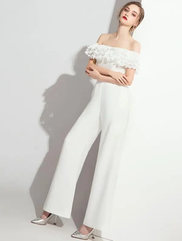 Elegante Ivory / Creme Overall Abendkleider 2021 Rüschen Off Shoulder Kurze Ärmel Rückenfreies Abend Lange Festliche Kleider
