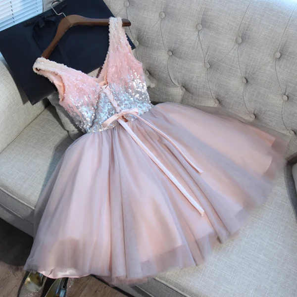 Sexy Pearl Rosa Cocktailkleider 2018 Schleife Pailletten V-Ausschnitt Ärmellos Rückenfreies Kurze Festliche Kleider