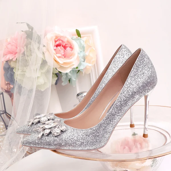 Glittrande Silver Brudskor 2020 Rhinestone Paljetter 10 cm Stilettklackar Spetsiga Bröllop Pumps