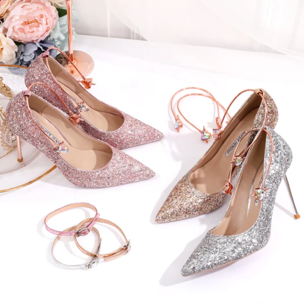 Sparkly Rose Gold Sequins Wedding Shoes 2020 10 cm Stiletto Heels Pointed Toe Wedding Pumps