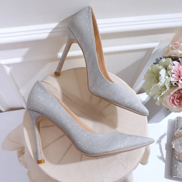 Stijlvolle Zilveren Avond Glans Pumps 2020 10 cm Naaldhakken / Stiletto Spitse Neus Pumps