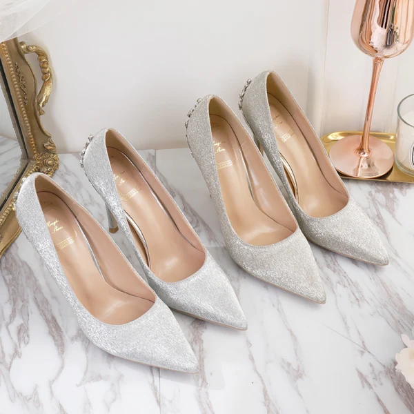Charming Silver Glitter Wedding Shoes 2020 Rhinestone 10 cm Stiletto Heels Pointed Toe Wedding Pumps