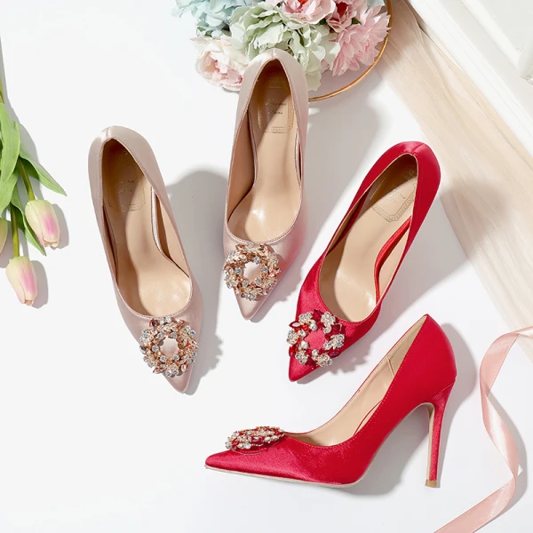 Chic / Beautiful Champagne Wedding Shoes 2020 Satin Rhinestone 10 cm Stiletto Heels Pointed Toe Wedding Pumps