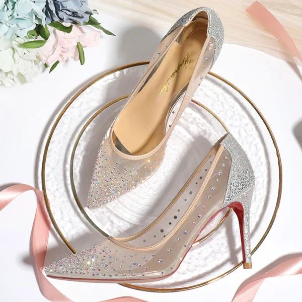 Uroczy Ecru Rhinestone Buty Ślubne 2020 Cekiny 10 cm Szpilki Szpiczaste Ślub Czółenka
