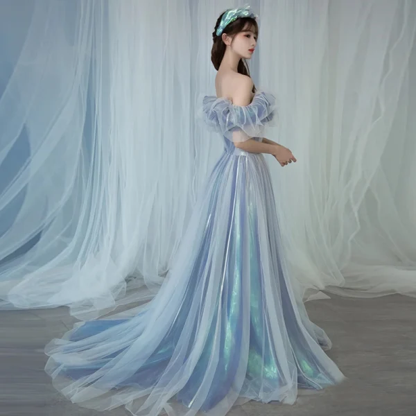 Illusion Sky Blue Cinderella Prom Dresses 2021 A-Line / Princess Off-The-Shoulder Short Sleeve Backless Sweep Train Formal Dresses