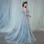 Illusion Sky Blue Cinderella Prom Dresses 2021 A-Line / Princess Off-The-Shoulder Short Sleeve Backless Sweep Train Formal Dresses