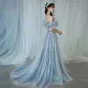Illusion Bleu Ciel Cendrillon Robe De Bal 2021 Princesse De l'épaule Manches Courtes Dos Nu Train De Balayage Robe De Ceremonie