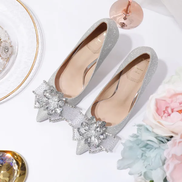 Charmant Silber Glanz Strass Schleife Brautschuhe 2020 Pailletten 10 cm Stilettos Spitzschuh Hochzeit Pumps