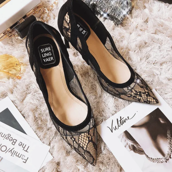 Sexy Black Evening Party Pierced Pumps 2020 Lace 10 cm Stiletto Heels Pointed Toe Pumps