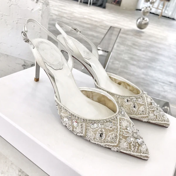 Mode Elfenben Bröllop Brudskor 2020 Ankelband Rhinestone 10 cm Stilettklackar Spetsiga Sandaler