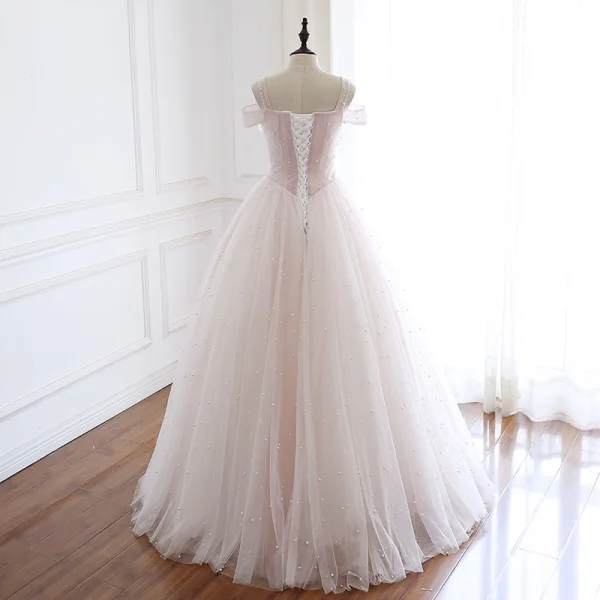 High End Rosa Perle Brautkleider / Hochzeitskleider 2020 A Linie Eckiger Ausschnitt Ärmellos Rückenfreies Lange