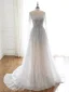 Luxury / Gorgeous Grey Handmade  Beading Wedding Dresses 2020 A-Line / Princess Scoop Neck Rhinestone Sequins Long Sleeve Court Train
