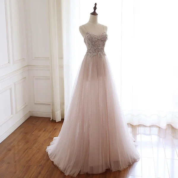 Luxury / Gorgeous Pearl Pink Handmade Beading Evening Dresses 2020 A-Line / Princess Spaghetti Straps Rhinestone Sleeveless Backless Sweep Train Formal Dresses