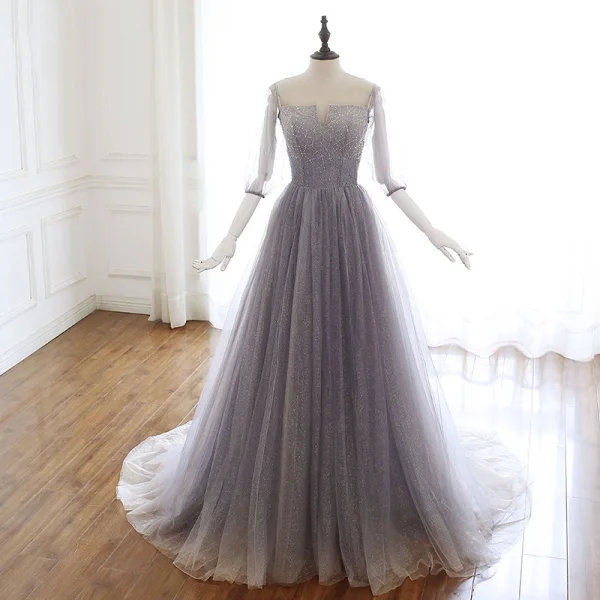 Luxus / Herrlich Grau Violett Glanz Abendkleider 2020 A Linie Off Shoulder Perlenstickerei Strass Pailletten 3/4 Ärmel Rückenfreies Sweep / Pinsel Zug Festliche Kleider