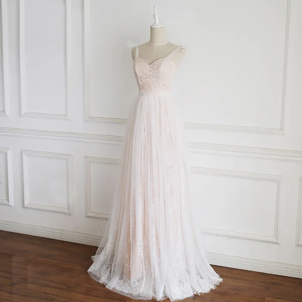 Charming Champagne Wedding Dresses 2020 A-Line / Princess Spaghetti Straps Lace Flower Sleeveless Backless Floor-Length / Long