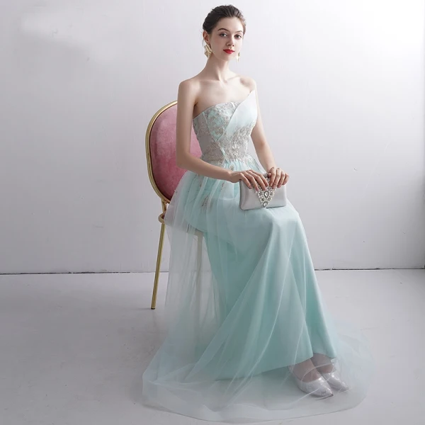 Classy Mint Green Evening Dresses 2020 A-Line / Princess Strapless Beading Lace Flower Sleeveless Backless Floor-Length / Long Formal Dresses