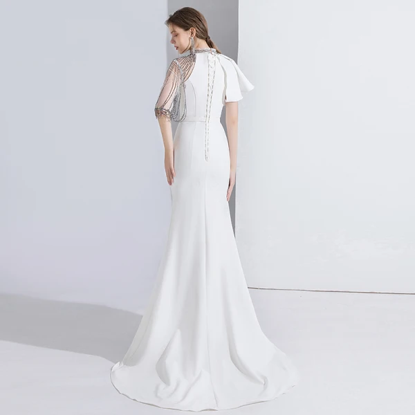 Fashion White Evening Dresses 2020 Trumpet / Mermaid Scoop Neck Beading Short Sleeve Sweep Train Formal Dresses
