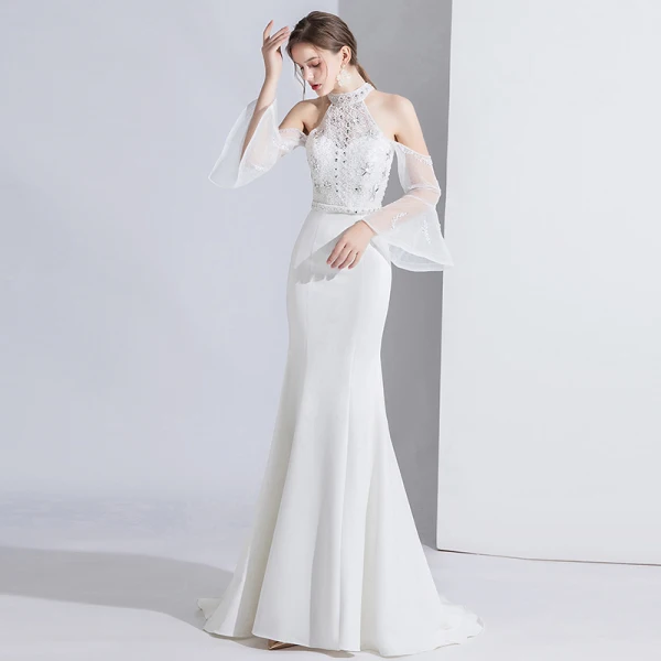 Fashion White Evening Dresses 2020 Trumpet / Mermaid Beading Rhinestone Sequins Lace Flower High Neck Bell sleeves Sweep Train Formal Dresses