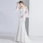 Fashion White Evening Dresses  2020 Trumpet / Mermaid Beading Rhinestone Sequins Lace Flower High Neck Bell sleeves Sweep Train Formal Dresses