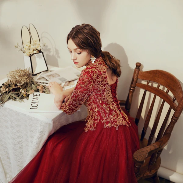 Elegant Burgundy Prom Dresses 2020 A-Line / Princess High Neck Beading Rhinestone Sequins 3/4 Sleeve Backless Floor-Length / Long Formal Dresses
