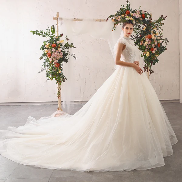 Elegante Ivory / Creme Brautkleider / Hochzeitskleider 2020 A Linie Stehkragen Perlenstickerei Quaste Pailletten Applikationen Ärmellos Rückenfreies Kathedrale Schleppe