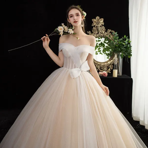 Fashion Champagne Glitter Wedding Dresses 2020 Ball Gown Off-The-Shoulder Bow Short Sleeve Backless Floor-Length / Long