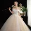 Fashion Champagne Glitter Wedding Dresses 2020 Ball Gown Off-The-Shoulder Bow Short Sleeve Backless Floor-Length / Long