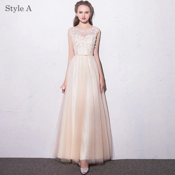 Chic / Beautiful Champagne Bridesmaid Dresses 2018 A-Line / Princess Appliques Bow Scoop Neck Backless Short Sleeve Floor-Length / Long Wedding Party Dresses