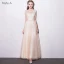 Chic / Beautiful Champagne Bridesmaid Dresses 2018 A-Line / Princess Appliques Bow Scoop Neck Backless Short Sleeve Floor-Length / Long Wedding Party Dresses
