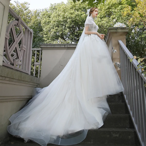 Fashion Ivory Wedding Dresses 2020 Ball Gown High Neck Beading Tassel Sequins Lace Flower Appliques Cap Sleeves Cathedral Train