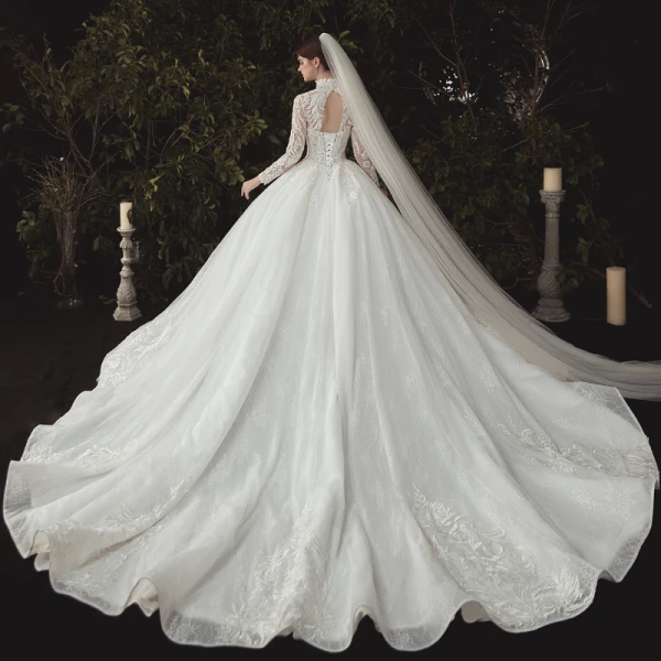 Vintage / Retro Chinese style Modest Ivory Bridal Wedding Dresses 2020 Ball Gown High Neck Pearl Lace Flower Long Sleeve Backless Cathedral Train