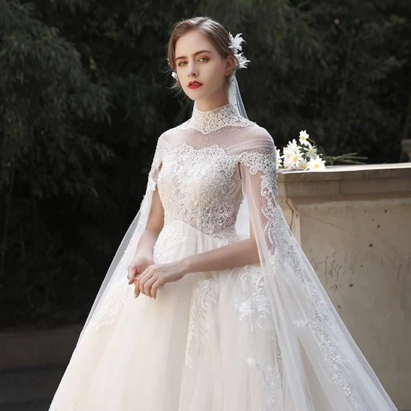 Vintage / Retro Ivory Pregnant Bridal Wedding Dresses 2020 Ball Gown High Neck Beading Appliques Lace Flower Pearl 1/2 Sleeves Backless Watteau Train