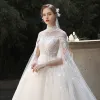 Vintage / Retro Ivory Pregnant Bridal Wedding Dresses 2020 Ball Gown High Neck Beading Appliques Lace Flower Pearl 1/2 Sleeves Backless Watteau Train