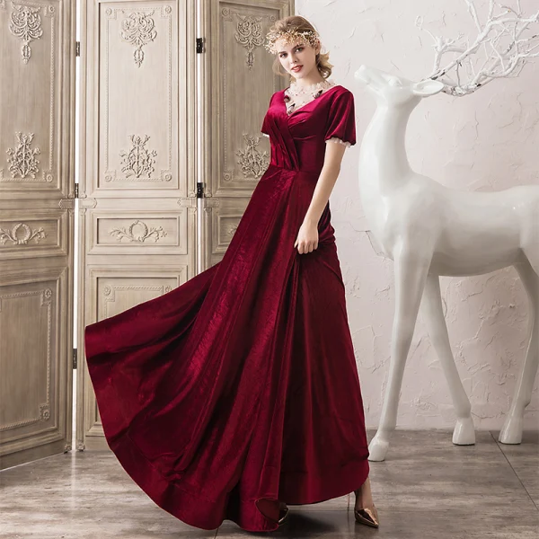 Elegant Burgundy Suede Evening Dresses 2020 A-Line / Princess Scoop Neck Beading Short Sleeve Backless Floor-Length / Long Formal Dresses