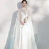Chinese style Ivory Silk Cheongsam / Qipao Evening Dresses  2021 A-Line / Princess shawl High Neck Lace Flower Sleeveless Floor-Length / Long Formal Dresses