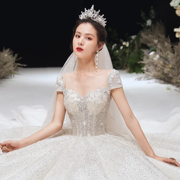 Luxury / Gorgeous Ivory 2020 Wedding Dresses Ball Gown Scoop Neck Beading Lace Pearl Rhinestone Sequins Short Sleeve Backless Court Train