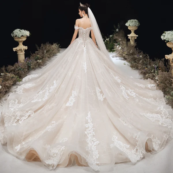 Charming Champagne Wedding Dresses 2020 A-Line / Princess Off-The-Shoulder Lace Flower Sleeveless Backless Cathedral Train