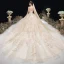 Haut de Gamme Champagne Robe De Mariée 2020 Princesse Encolure Dégagée Perlage Faux Diamant En Dentelle Fleur Manches Longues Dos Nu Cathedral Train