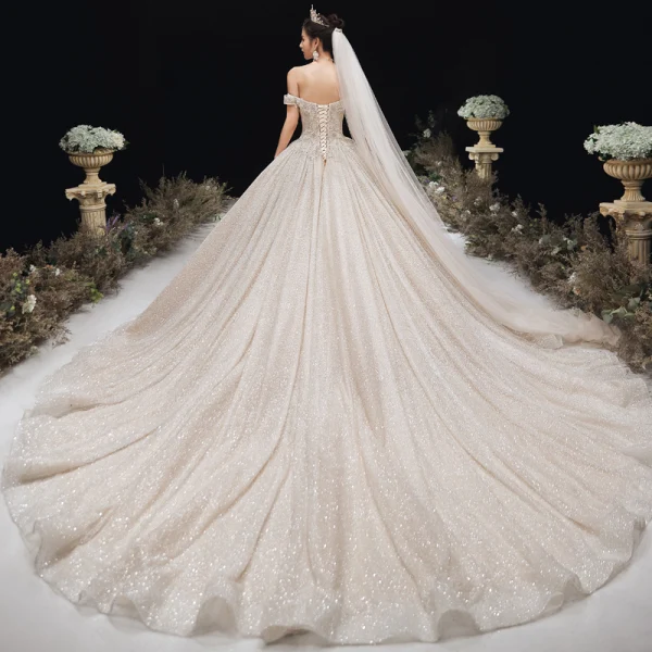 Luxury / Gorgeous Champagne Glitter Wedding Dresses 2020 Ball Gown Off-The-Shoulder Beading Rhinestone Lace Flower Sleeveless Backless Cathedral Train