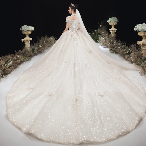 Luxury / Gorgeous Champagne Glitter Wedding Dresses 2020 Ball Gown High Neck Beading Rhinestone Sequins Appliques Short Sleeve Backless Royal Train