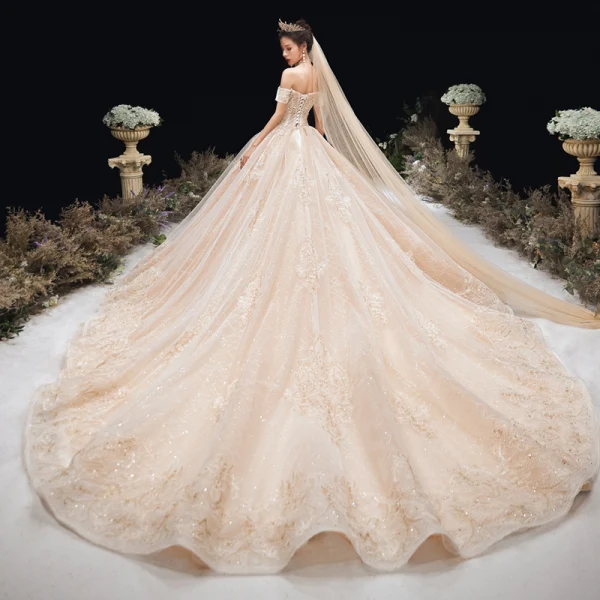 Charming Champagne Wedding Dresses 2020 Ball Gown Off-The-Shoulder Beading Rhinestone Sequins Lace Flower Short Sleeve Backless Cathedral Train