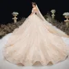 Charming Champagne Wedding Dresses 2020 Ball Gown Off-The-Shoulder Beading Rhinestone Sequins Lace Flower Short Sleeve Backless Cathedral Train