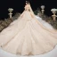 Luxury / Gorgeous Champagne Wedding Dresses 2020 Ball Gown Off-The-Shoulder Beading Sequins Rhinestone Pearl Lace Flower Short Sleeve Backless Royal Train